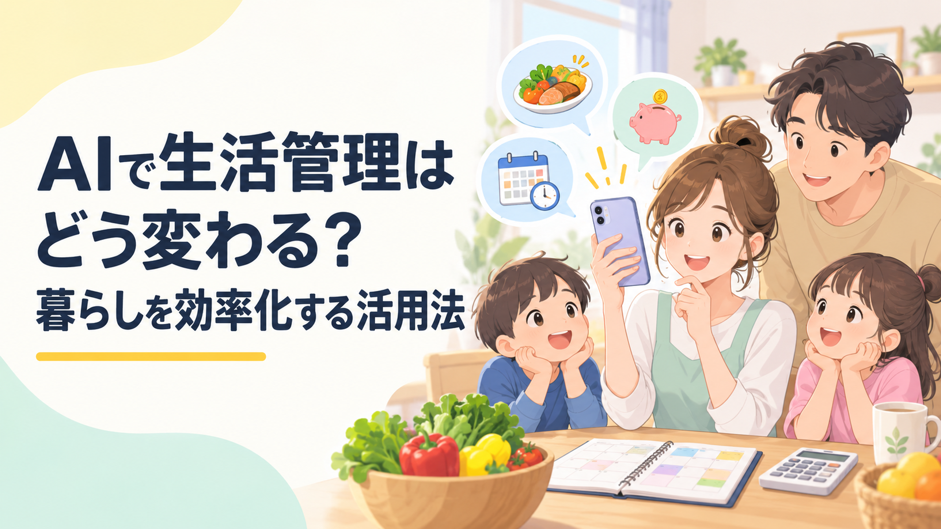 スマートフォンの生成AIに献立や予定、家計について相談しながら暮らしを整理している家庭の様子