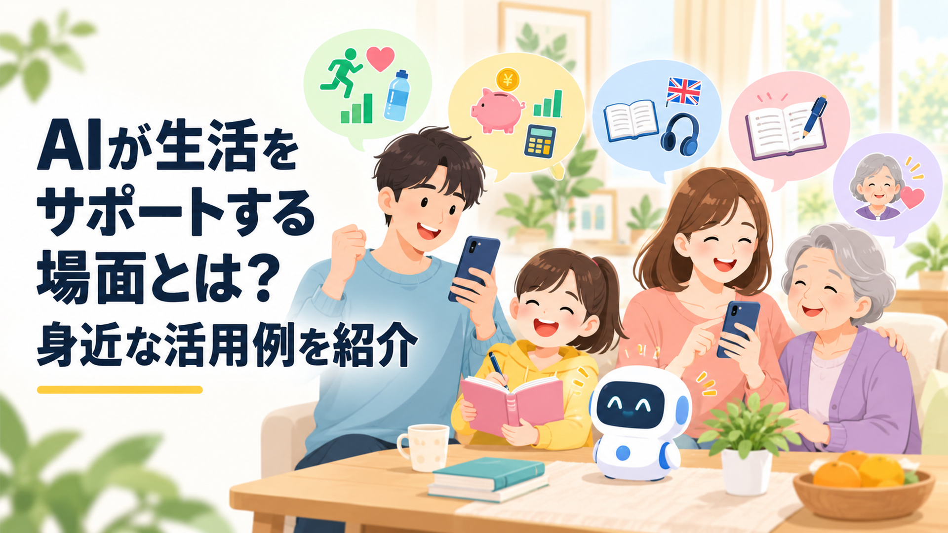 スマートフォンや対話型AIを使いながら健康管理や家計、英語学習、日記、高齢者支援など日々の暮らしを進める家族の様子