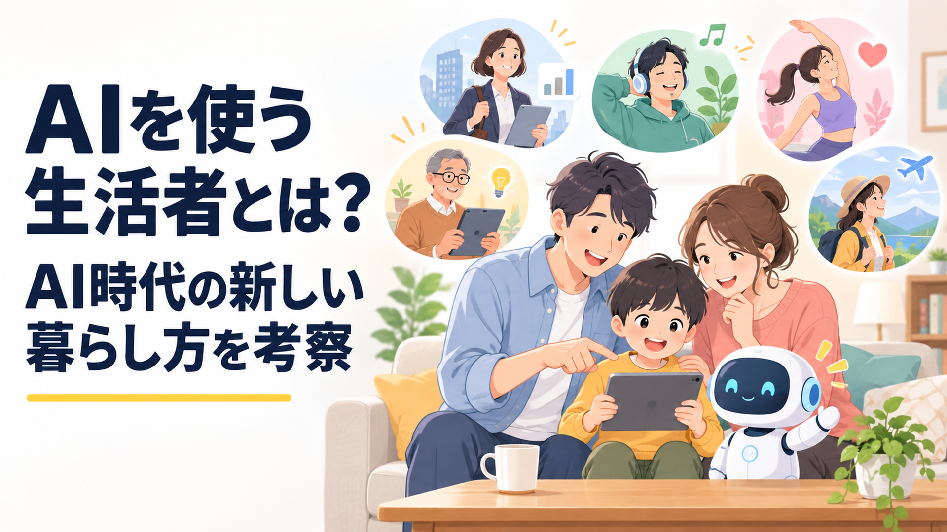 リビングでAIと相談する家族の周囲に価値観の異なる複数の生活者像が浮かぶ様子