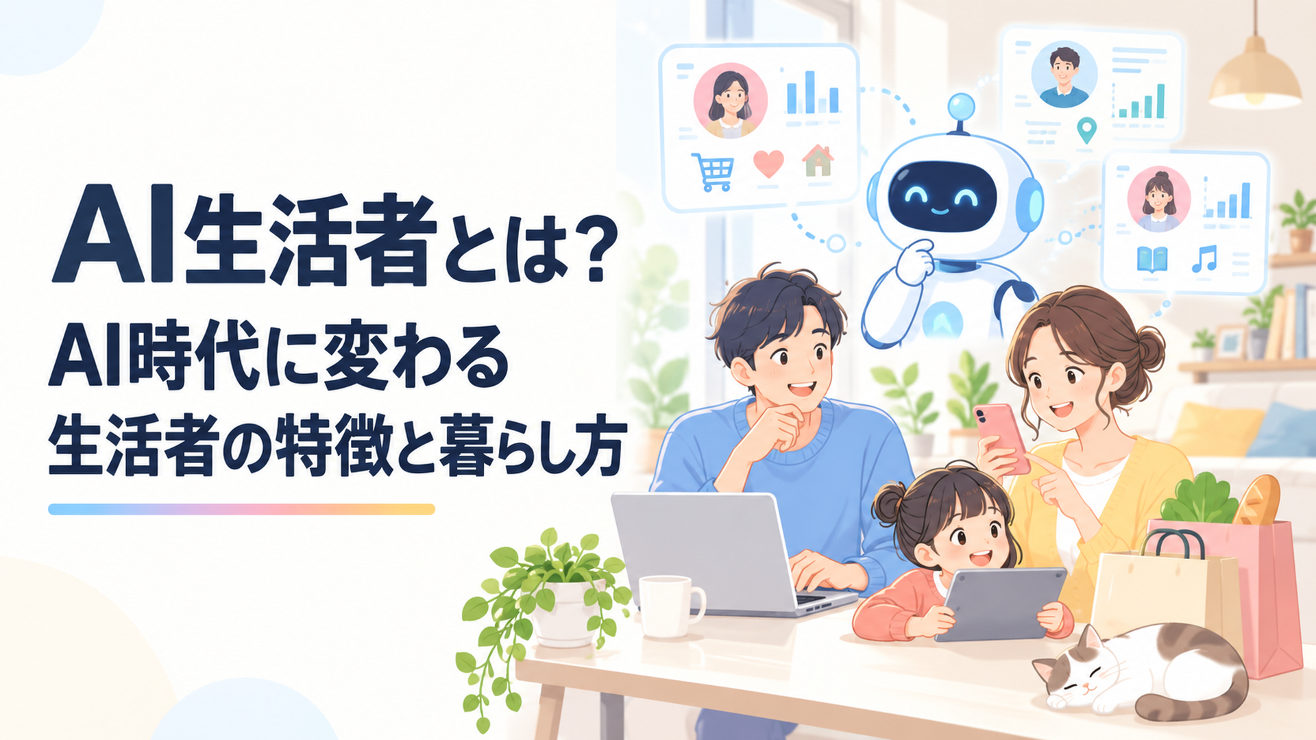 AIを暮らしに取り入れながら買い物や情報収集をする家族と、データから生活者像を考えるAIのイメージ
